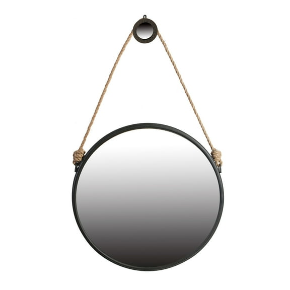 Coastal Accent Mirror - 30 Inch Round Wall Mirror with Black Metal Frame & Rope Hanger