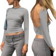 thumbnail image 1 of Wangsaura Women Trendy T-Shirt, Solid Color Long Sleeve Cutout Open Back Tops, 1 of 9