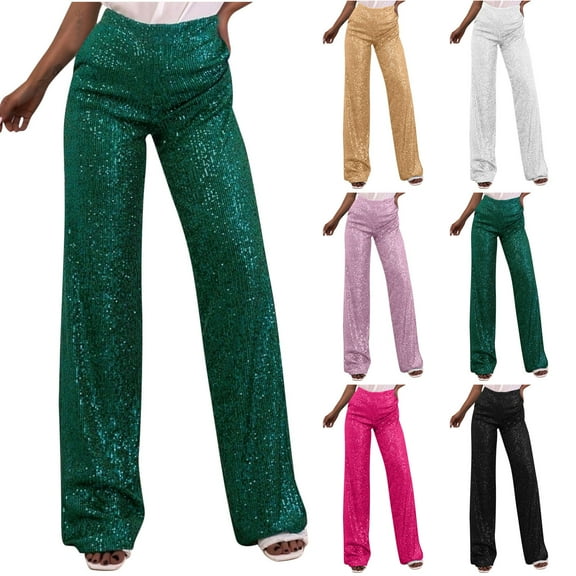 Utoimkio Women's Straight Leg Sequin Work Pants High Waisted Casual Loose Summer Lounge Pants for Women