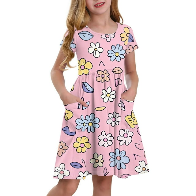 Robe à Manches Courtes pour Filles avec Imprimé Tissu Doux Col Rond Coupe Décontractée avec Poches Latérales pour Enfants Usage Quotidien