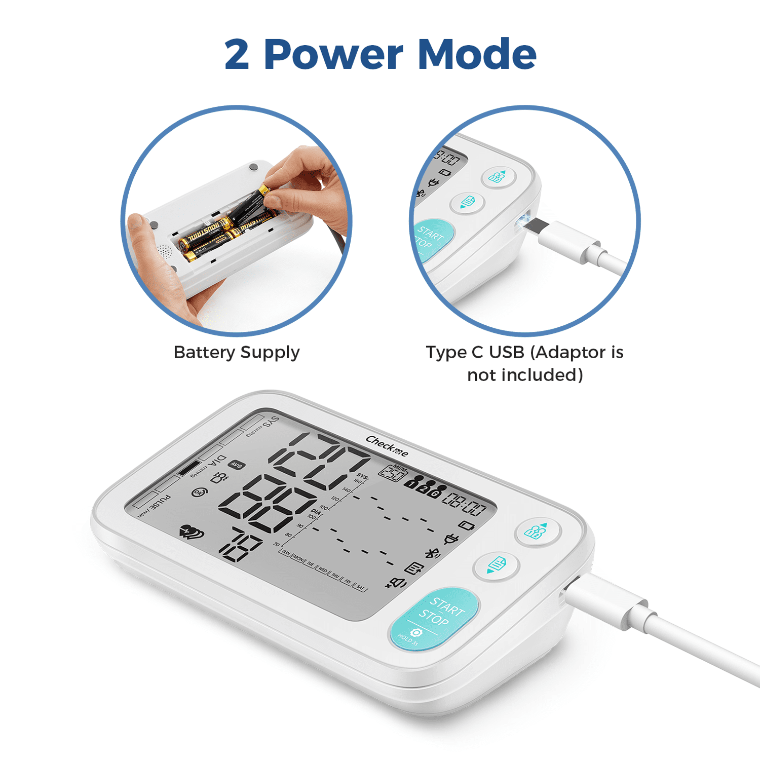 Checkme Upper Arm Blood Pressure Monitor, Accurate Automatic High Blood Pressure Machine With Free App, Large LCD Display, 2 Users, 250 Recordings, Irregular Heartbeat Reminder