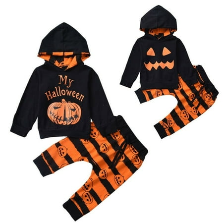 

Toddler Baby Girl Boy Halloween Clothes Hooded Tops Stripe Long Pants Outfits