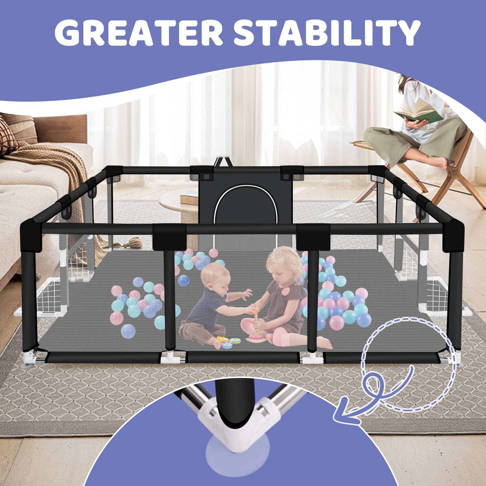 Baby Playpen, HDJ 71 inch Extra Large Baby Play Yard with Soft Breathable Mesh, Play Fence for Infant and Toddlers, Anti-Slip Base, Black