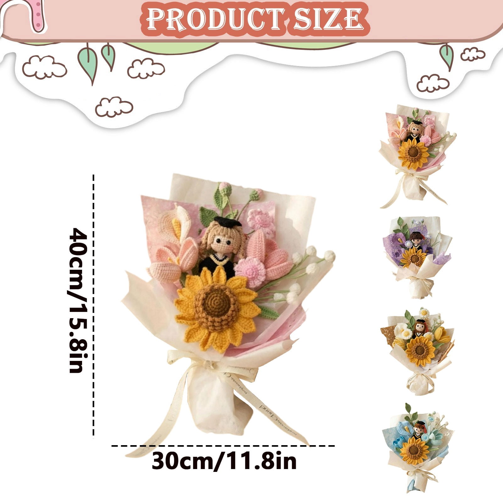 Handmade Crochet Bouquet, Sunflower Knitted Flowers, Artificial Knit Floral, Grad Greeting Cards, Grad Doll Bouquet, Home Decor Accent, Celebration Gift for Graduation