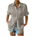 thumbnail image 2 of Short Sleeve Tops for Women Shirts for Women Summer Casual Cotton Linen Short Sleeve T Shirt Loose Fit Button Down Lapel Solid Color Tees, 2 of 6