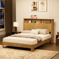 thumbnail image 3 of Queen Size Bed Frame with Storage Headboard,Built-in Charging Station,Wavy Curved Lines Design,Silent Operation,Metal Support,Natural, 3 of 8