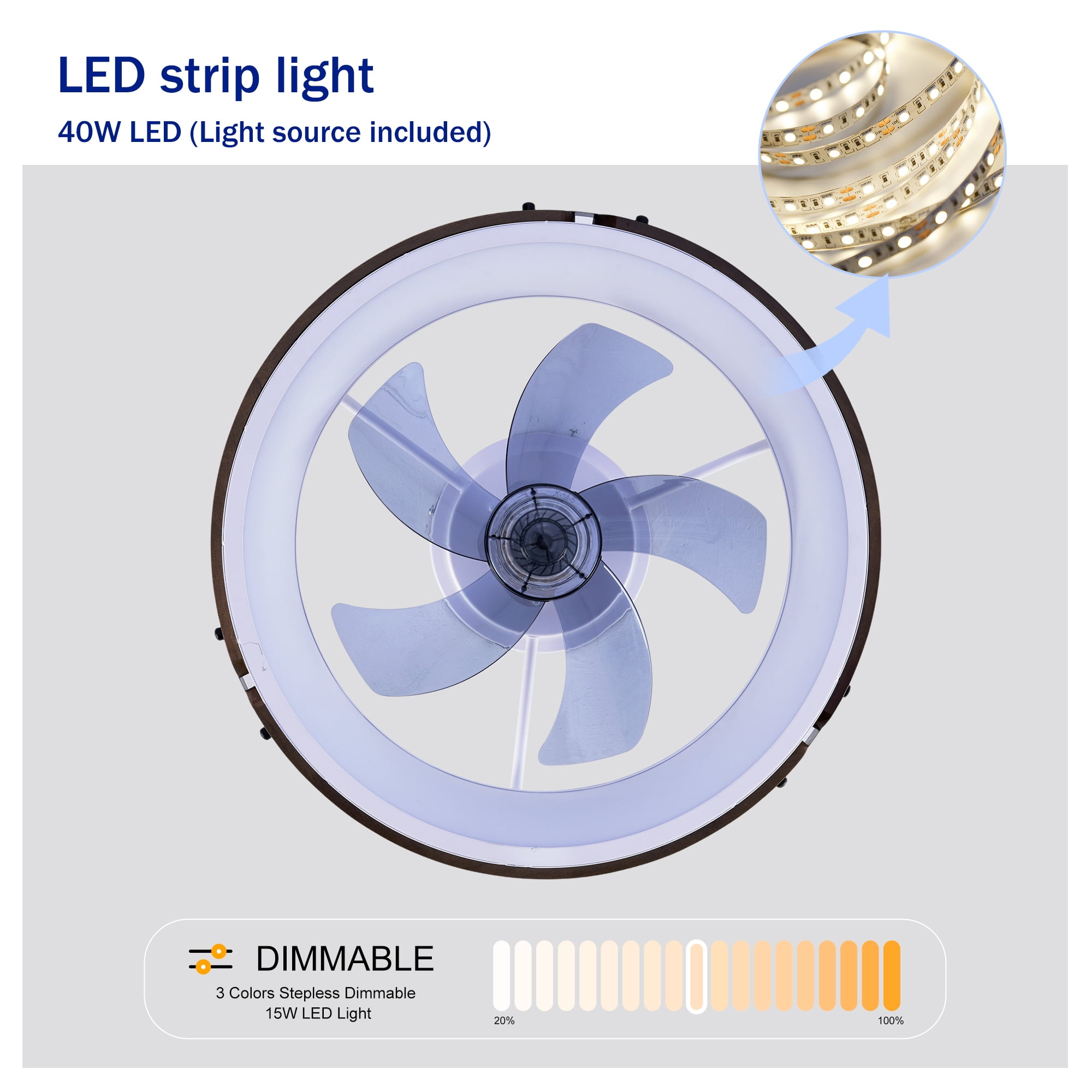 Leumius 20" Ceiling Fans with Light and Remote, 3000-6500K Dimmable Modern Flush Mount LED Fan Light, 6 Speeds, Quiet DC Motor for Living Room Bedroom Kitchen Brown