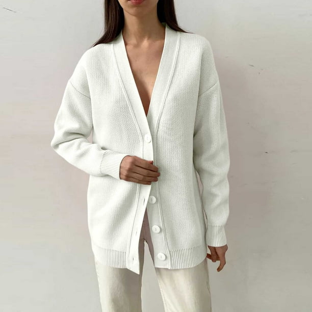 Chaqueta y abrigo informal de manga larga sin capucha para mujer, de color liso, con botones, cuello en V y manga larga, de punto