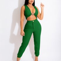 Sweatsuits for Women Sweatpants Set for Women Workout Sets for Women 2 Piece Women Pants Suits Womens 2 Piece Outfits Women's Fashion Two-Piece Solid Color V-Neck Tube Tank and Long Pants Casual Suit
