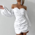 thumbnail image 5 of Women's Lantern Long Sleeve Tight Dress Ruched Off the Shoulder Elegant Mini Dresses Club Cocktail Dress, 5 of 6