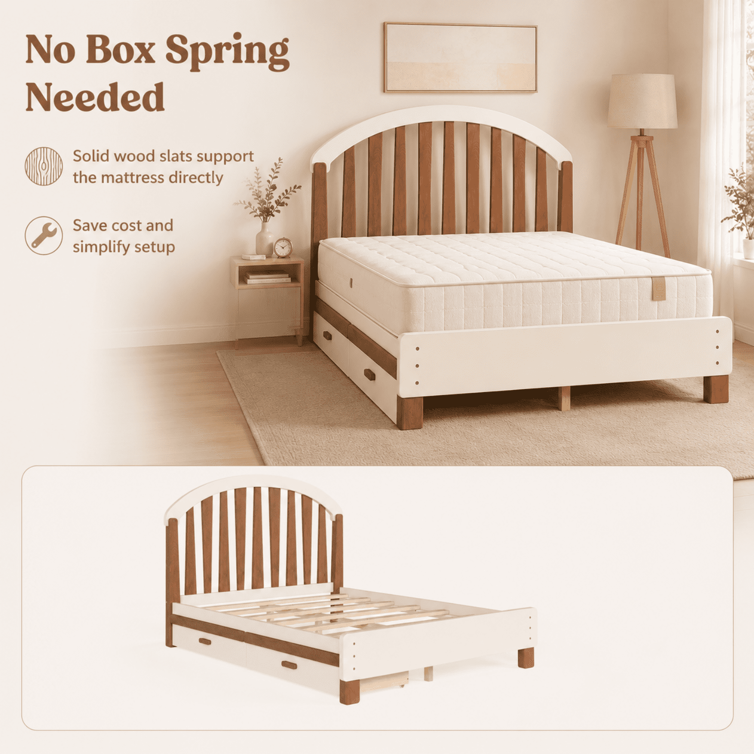 Miniyam Full Size Kids Bed Frame with Storage Drawer, Wooden Platform Bed, Beige & Natural