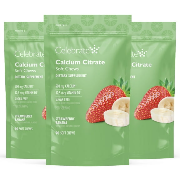 Celebrate Vitamins Calcium Chews, 500 mg Calcium Citrate with Vitamin D, Strawberry Banana, 270 count