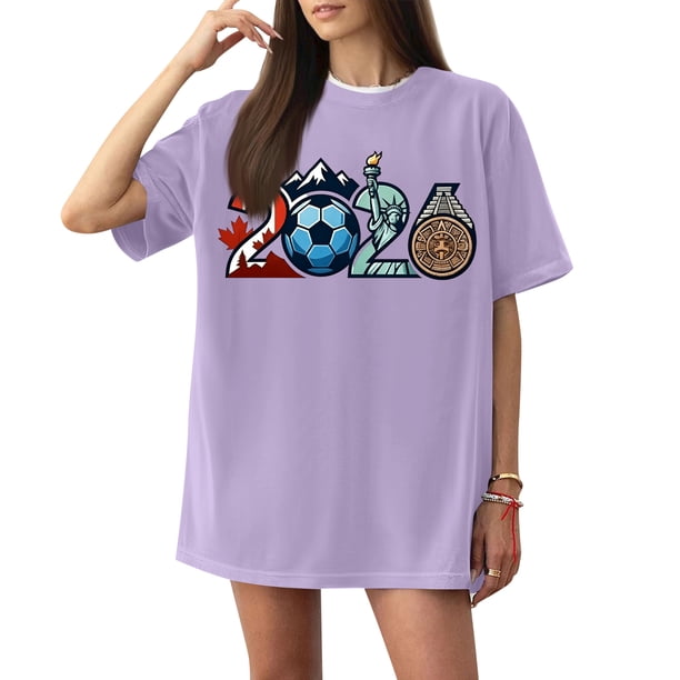 Women's Football Graphic T-Shirt, Women's Soccer Letter Print Short Sleeve T-Shirt - Casual Summer Neck Top for Sports Fans, Everyday Wear for Soccer Tournament 2026 Light Purple Size: XL