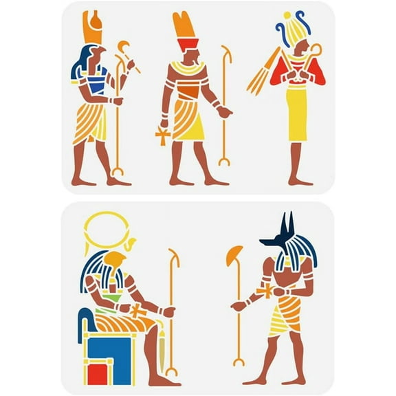 2PCS Egyptian Pharaoh Stencils 8.3x11.7 Inch Reusable Pharaoh Drawing Templates - A4 Size PET Plastic Egyptian Hieroglyphics Stencil for Wall Wood Canvas DIY Ancient Art Projects