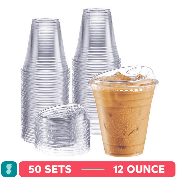 GUSTO 12 Oz Crystal Clear Plastic Cups with Strawless Sip Lids, 50-Pack
