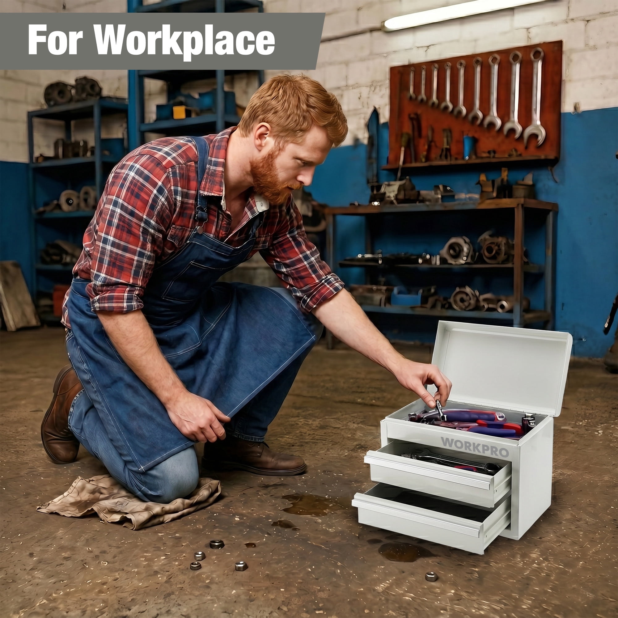WORKPRO Mini Metal Tool Box with 2 Drawers and Top Storage, Small Tool Chest with PVC Liners and PP Feet Pads, Cold Rolled Steel Toolbox with Magnetic Tab,White