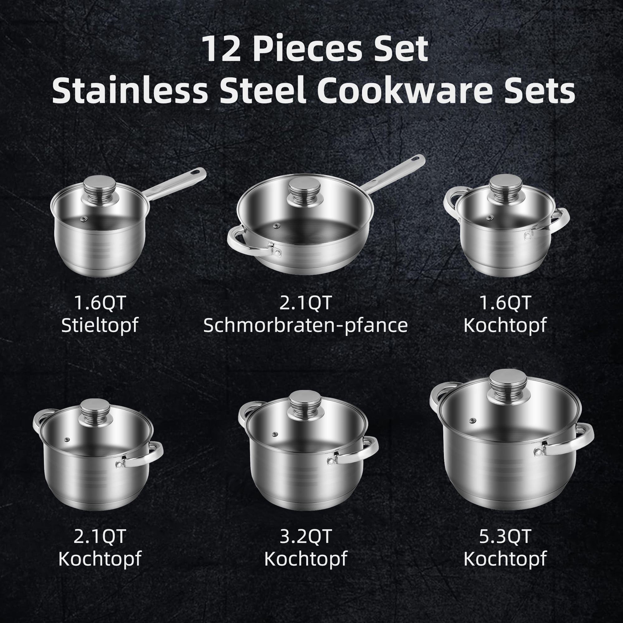 Caannasweis 12 Pieces Stainless Steel Cookware Sets Induction Pots and Pans