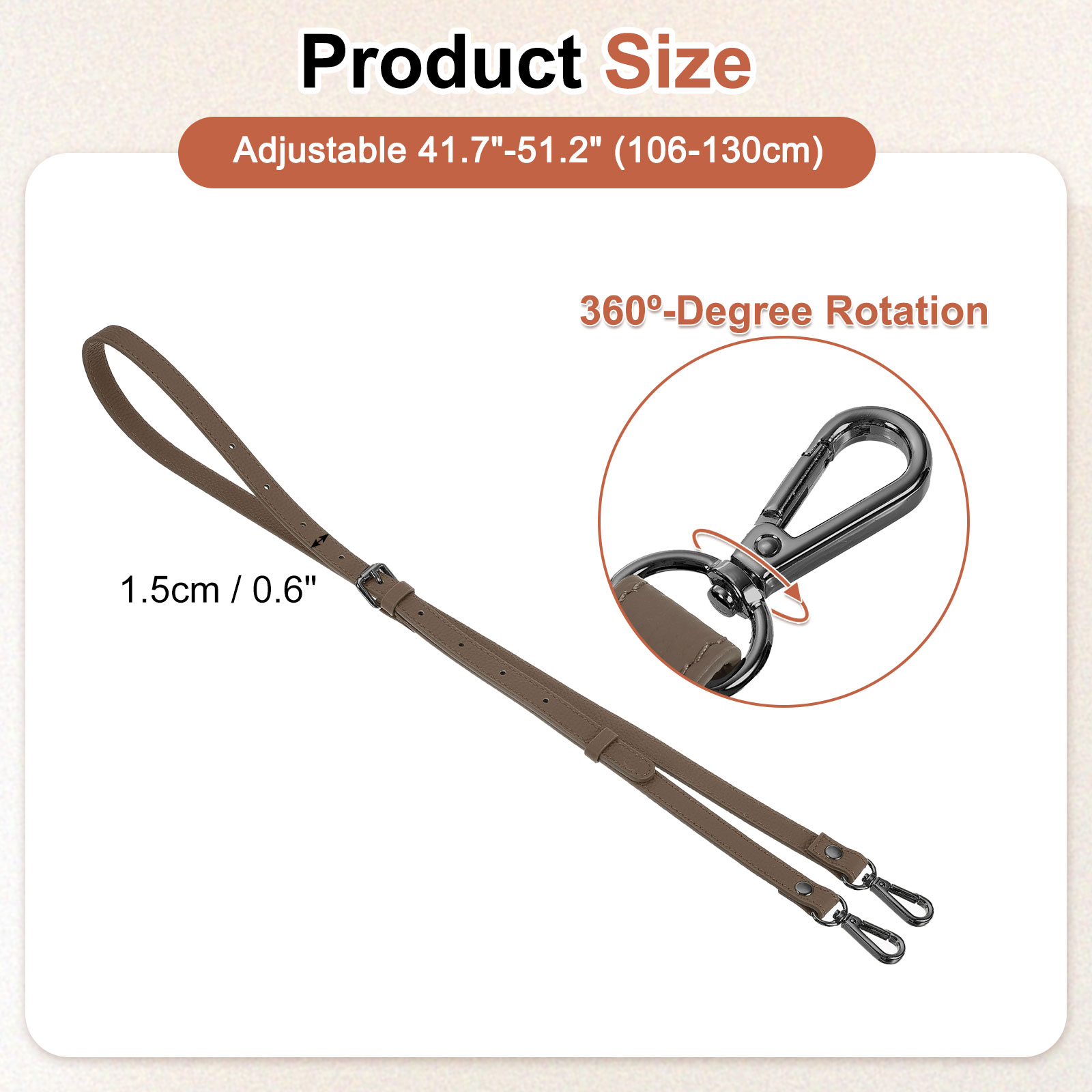 0.6" Genuine Leather Purse Strap for Bag (Khaki, Black Buckle)