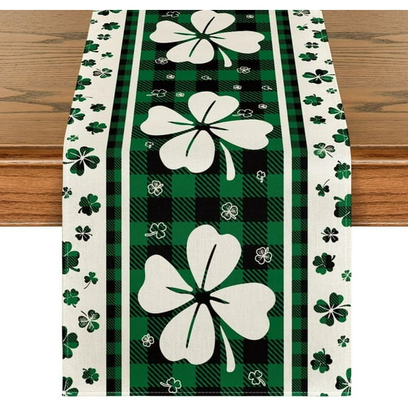 Green Clover Buffalo Plaid Shamrocks St.Patrick''s Day Table Runner, Seasonal Kitchen Dining Table Decoration for Indoor Home Party 13x72 Inch