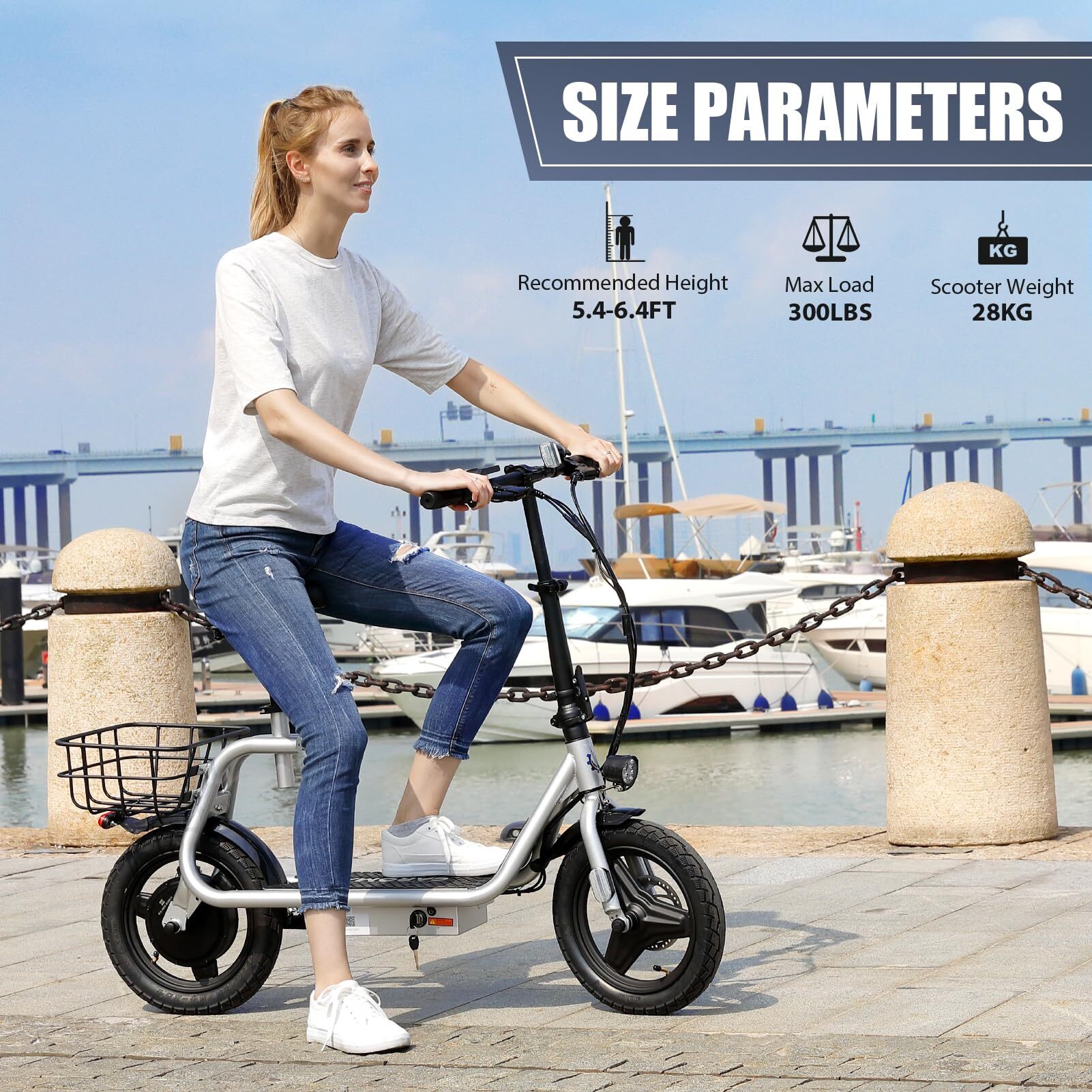 Caroma 800W(Peak) Adults Electric Scooter with Removable Seat, Max Speed 20mph Up to 25 Miles Range, 14" Tire for Commuting Scooter with Basket, Folding Electric Scooter, Silver - image 4 of 9