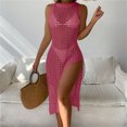thumbnail image 4 of Xuhomer Summer Cover Ups for Women Knitted Hollow Short Sleeve High Neck Crochet Split Beach Cover Up Bikini Swimsuits Bathing Suits Sunscreen Cover Swimsuit Cover-up Dress Hot Pink Free Size, 4 of 7