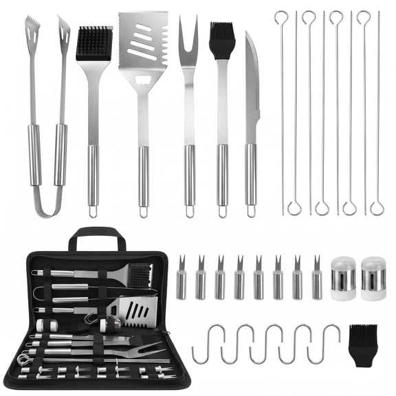 VOLIVO 30 Pcs BBQ Grill Tool Set with Carry Bag, Stainless Steel Fork, Spatula, Tongs BBQ Accessories for Outdoor Cooking, Camping & Gifts for Men