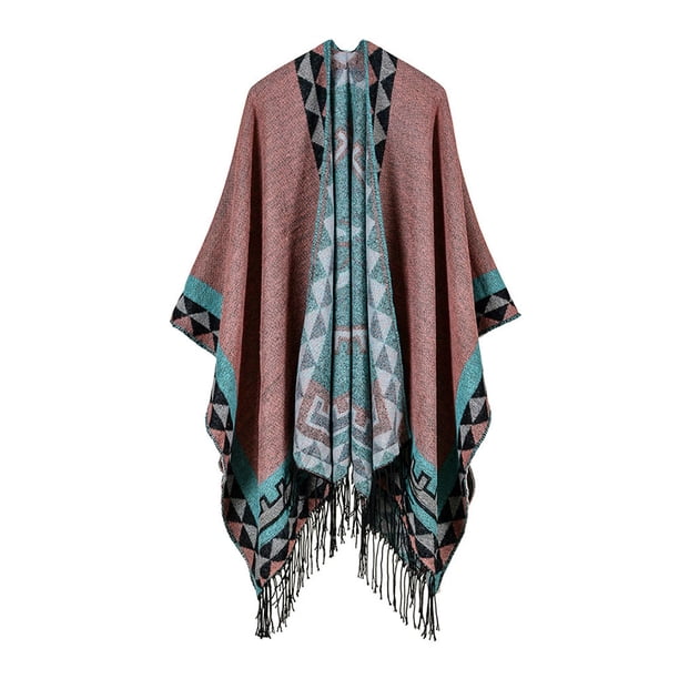 Boho Mujer Tejido Poncho Falso Falso Cachemira Geométrica Patrón Tassel Eccomum Rosa