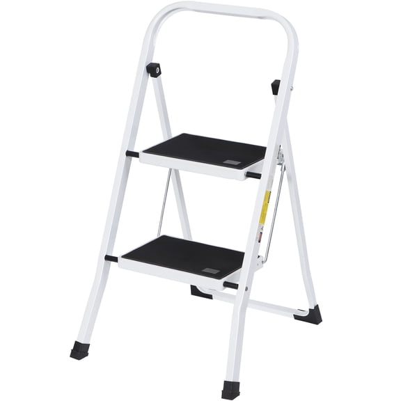 Sunshen 2 Step Ladder Folding Step Stool with Wide Anti-Slip Pedal, Convenient Handgrip, Portable Steel Step Stool, 300 lbs Sturdy Steel Ladder for Household and Office,White