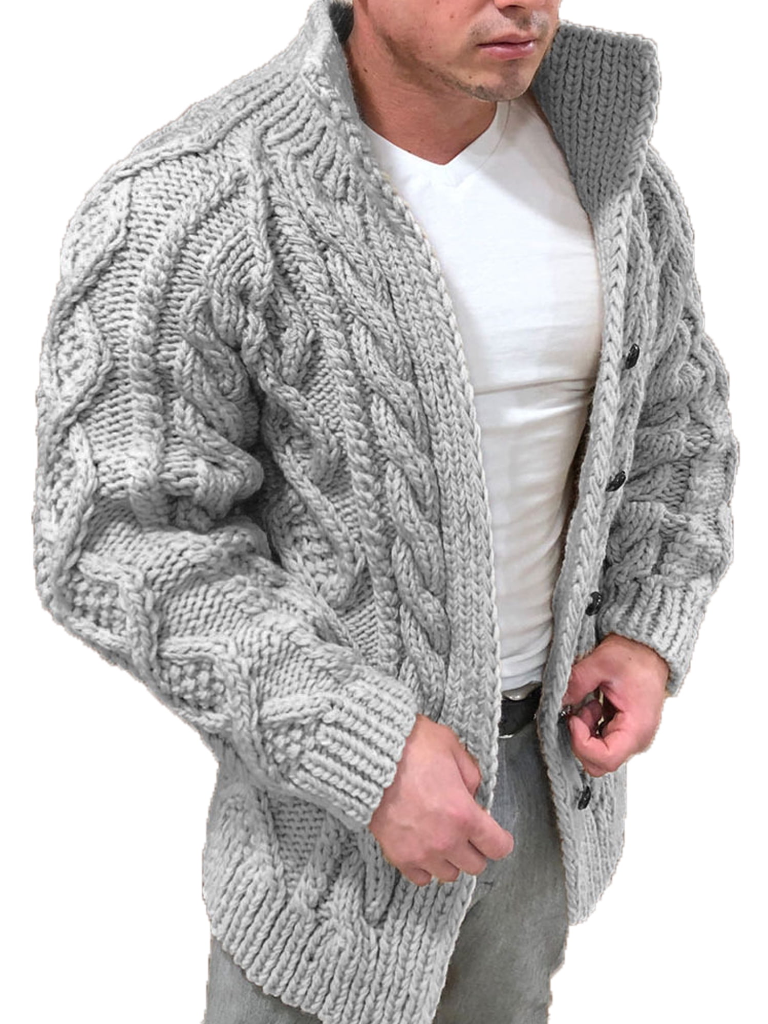 YOUTHUP Mens Cardigan Turtleneck Cable Knit Sweater Winter Thick Knitwear Jumper 
