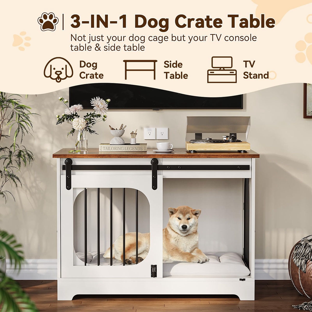 Ataucjin 39.4" Dog Crate Furniture, Dog Kennel for Dogs Up to 70 Lb, with Bed Mat, Heavy-Duty Dog Cage End Table, Three Doors Dog House