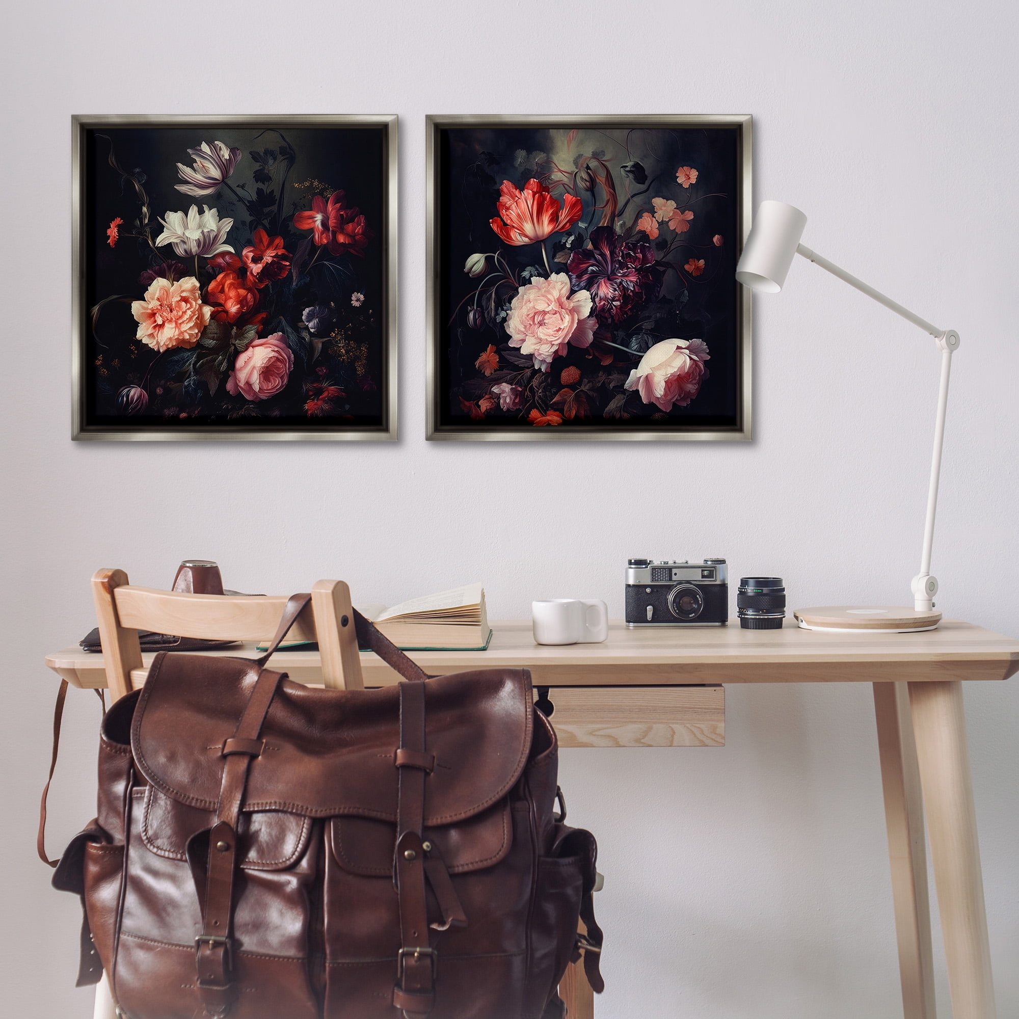 Stupell Industries Vintage Bouquet on Black Botanical & Floral Photography Gray Floater Framed Canvas Art Print Wall Art, 25 x 25, Set of 2