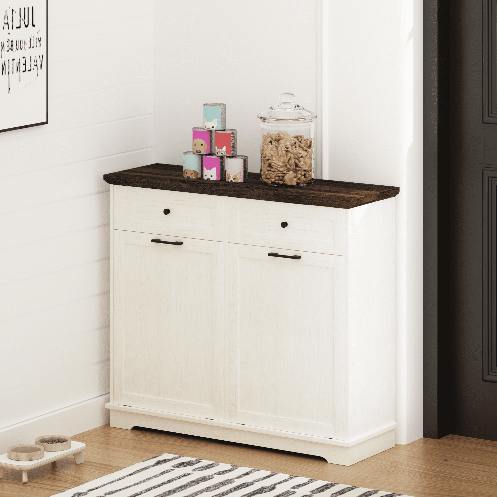 Tilt Out Trash Cabinet Freestanding Trash Bin Cabinet Wood Garbage Recycling Cabinet with Drawer Pet Proof Trash Can Holder for Kitchen Living Room, Antique White (Not include trash can)