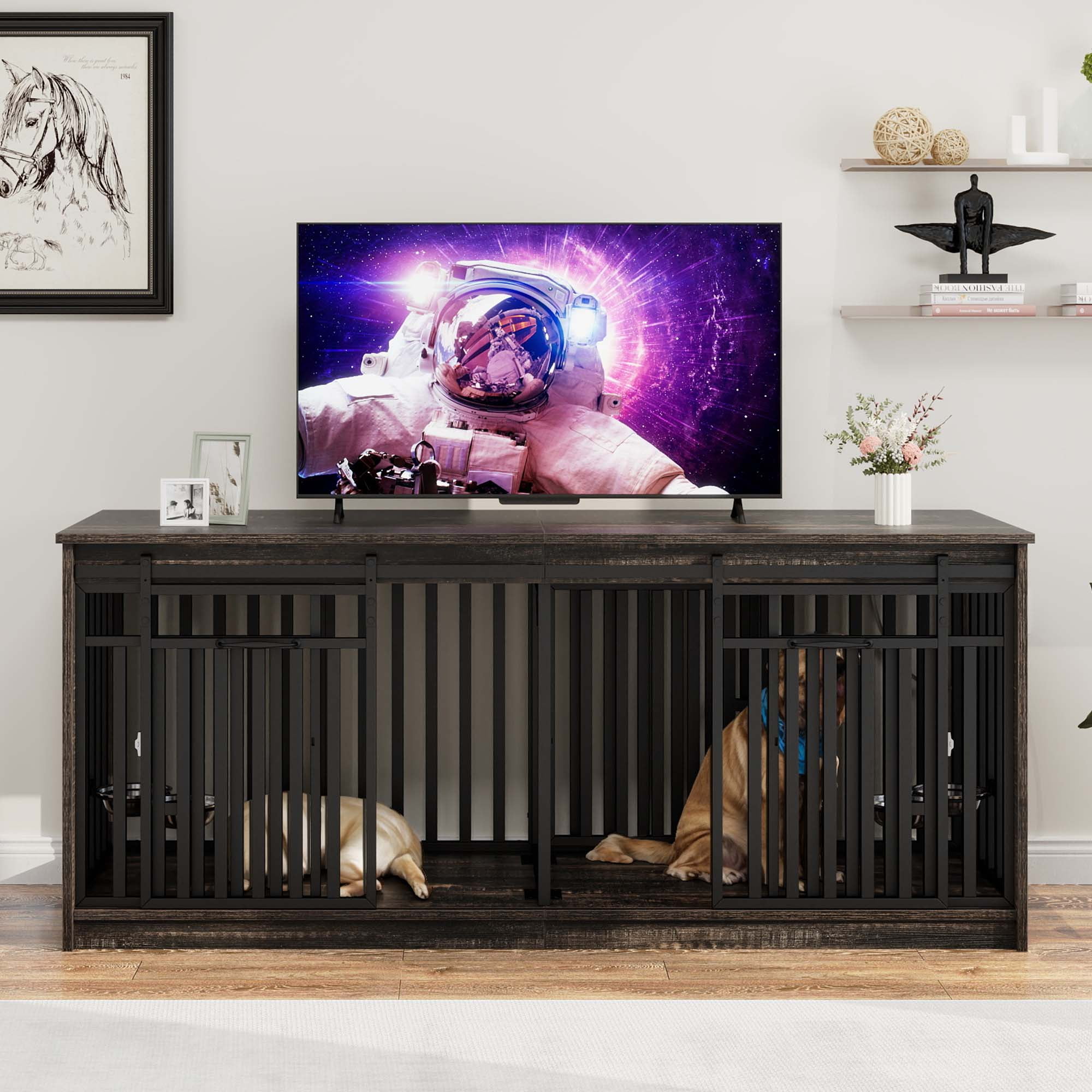 Uforic 71-Inch Farmhouse TV Stand for TVs up to 65",Heavy Duty Dog Crate Furniture with 4 Dog Bowl - Black