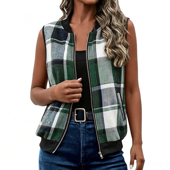 gbyLJF Women's Sleeveless Plaid Vest Lightweight Zip Up Flannel Jacket Casual Fall Layering Outerwear with Pockets
