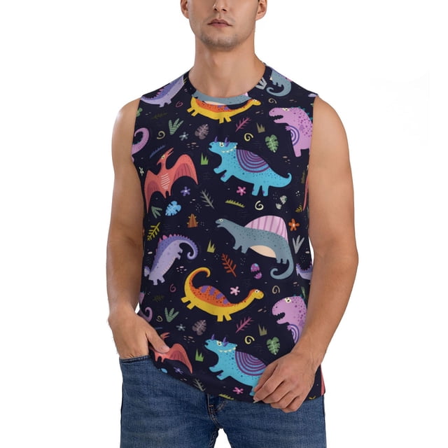 Balery Cartoon Dinosaur Camisetas sin mangas para hombre, absorbe la humedad y protege contra el mal olor.-Medium