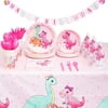 195-Piece Pink Baby Girl Dinosaur Birthday Party Supplies with Plates, Napkins, Cups, Cutlery, Banner, Hats, Table Covers (Serves 24)