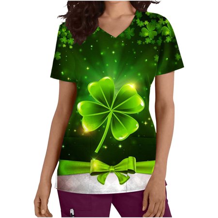 

Promotion! Gallickan Scrub Tops Women Print Womens Short Sleeve V-neck Tops UniformSt. Patrick s Day Printed Pockets Blouse Nursing