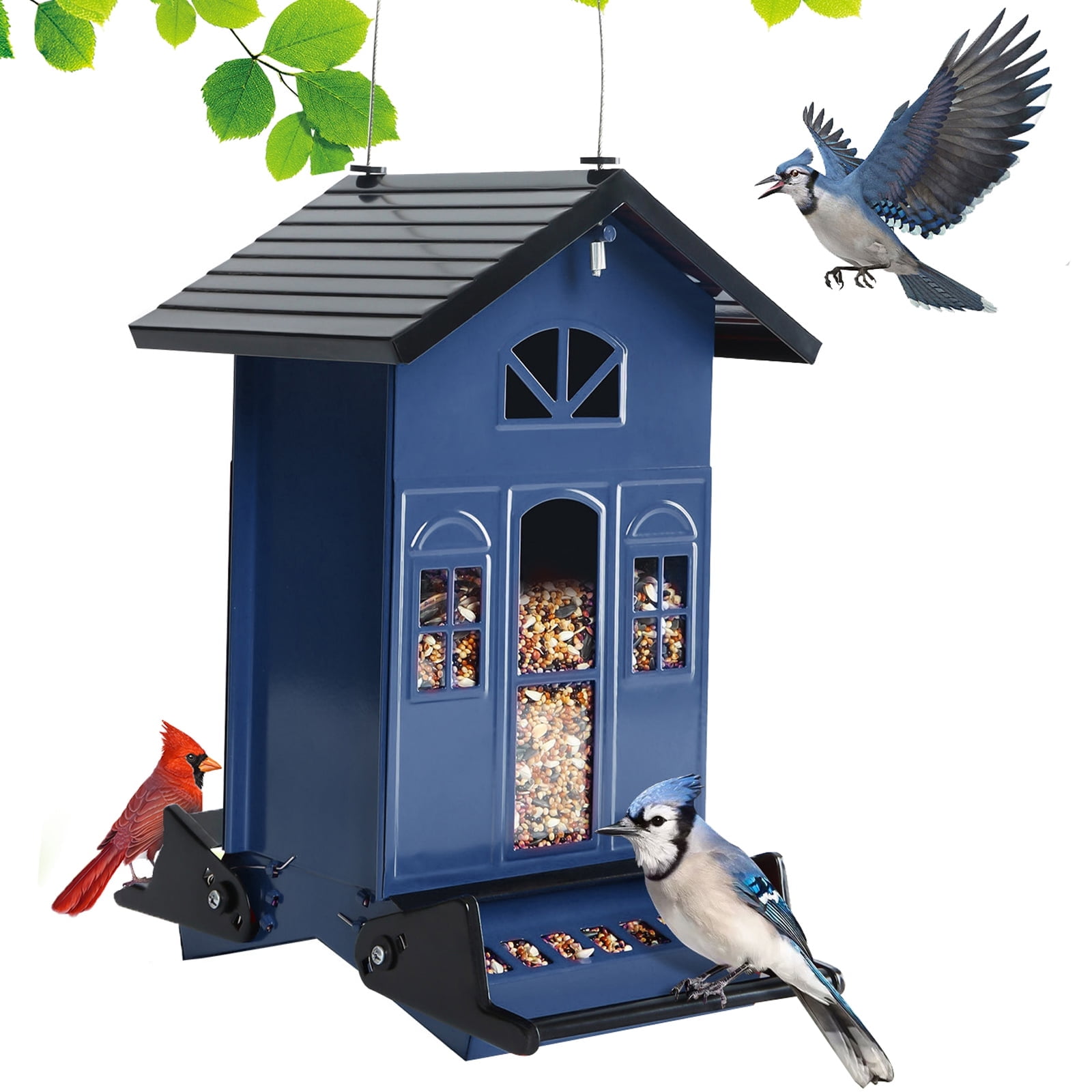 Birdkiss 5lbs Squirrel-Proof Wild Bird Feeder with Bilateral Weight-Activated Perches, 14 Feeding Ports, Outdoor Bird Feeder for Garden Yard Outside, Blue