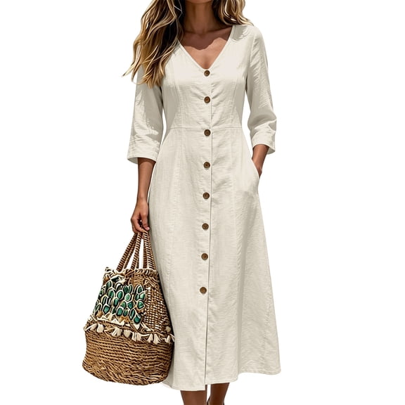 Wovilon Women's V Neck Button Front Midi Dress, 3/4 Sleeve Side Pocket Relaxed Fit A-Line, Lightweight Breathable Cotton Linen Blend Solid
