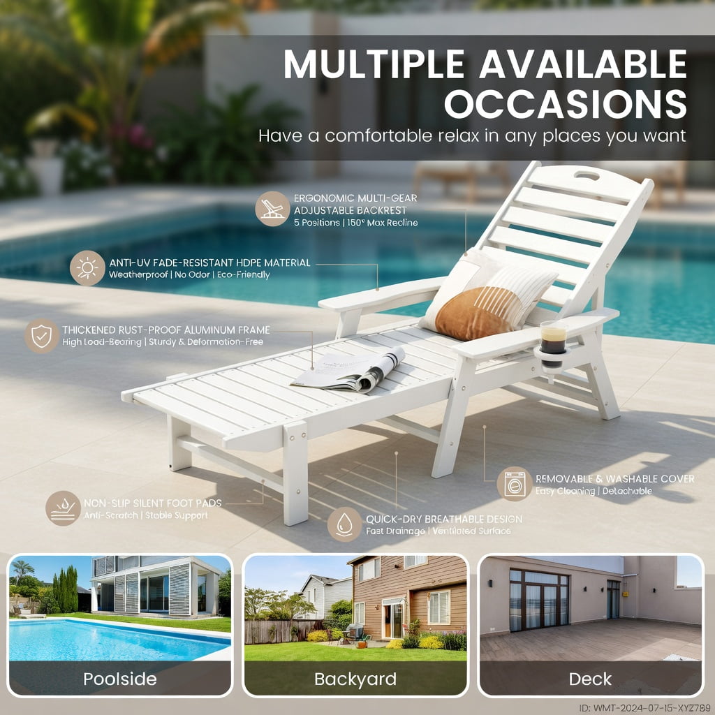 Hommoo HDPE Outdoor Chaise Lounge Chair with 4-Position Adjustable Backrest, Weather-Resistant Patio Lounger for Poolside, Backyard & Porch, White