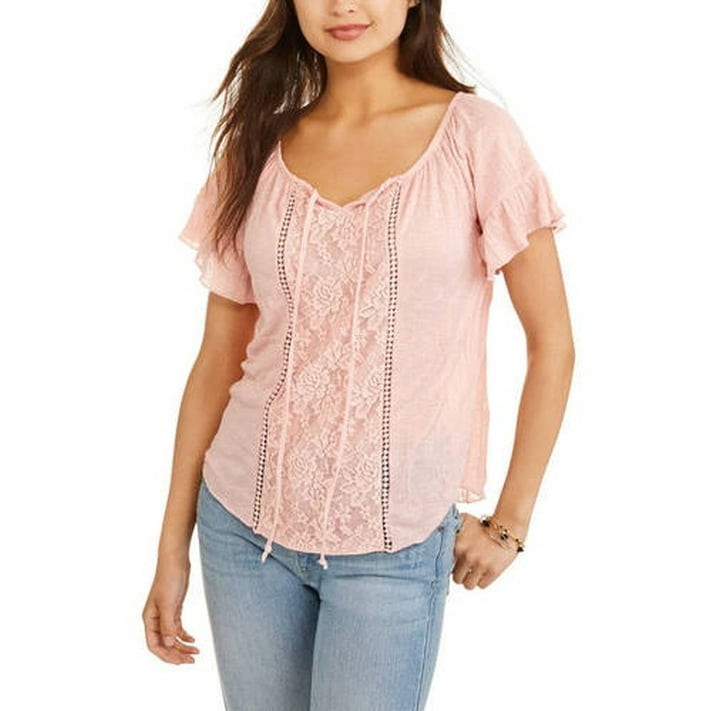 No Boundaries Juniors' flutter sleeve lace front blouse - Walmart.com