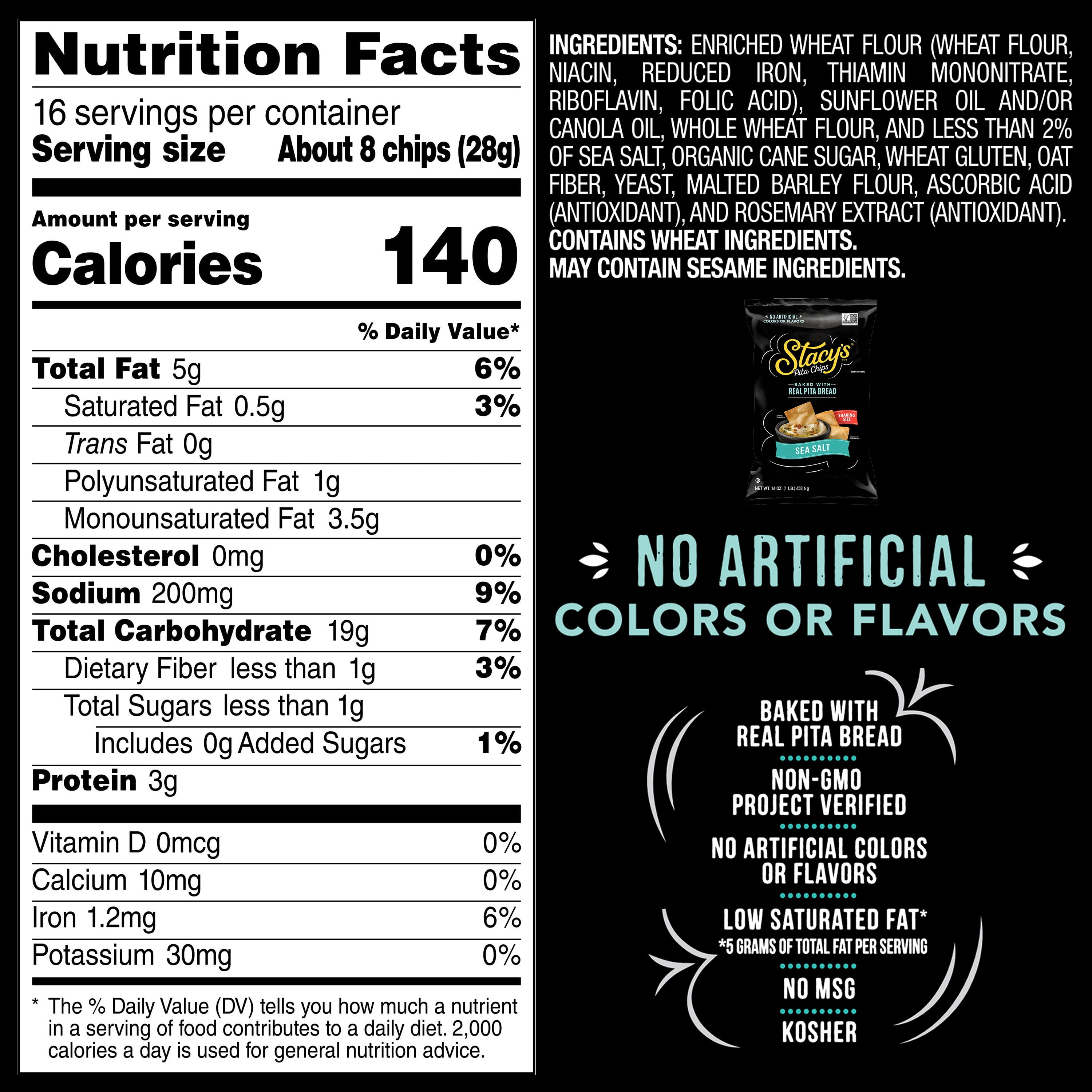 Stacy’s No Artificial Colors or Flavors Sea Salt Pita Chips Bag, 16 oz​