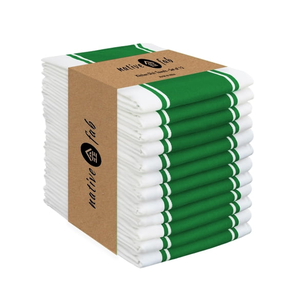 Native Fab Green Kitchen Towels 18 x 28 Inch, 12 Pack, Wide Stripe, Super Absorbent, Fast Dry, Soft, Cotton Dish Towels for Wiping Hands, Drying Dishes, Counter Cleaning Dish Cloth Set - Green