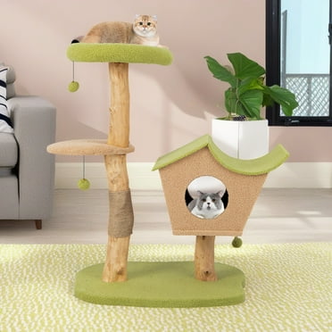 Pefilos 43" Natural Wood Cat Tree Tower with Padded Top Perch, Modern Cat Tree House for Large Cat, Green