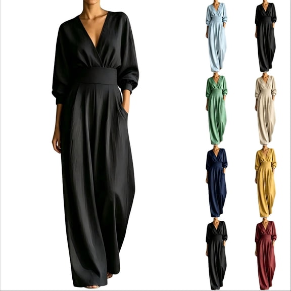 Tqcoqu Women's Jumpsuits,High Waist Wide Leg Jumpsuit,Wrap V Neck 3/4 Sleeve Long Romper Dressy Elegant One Piece Outfit