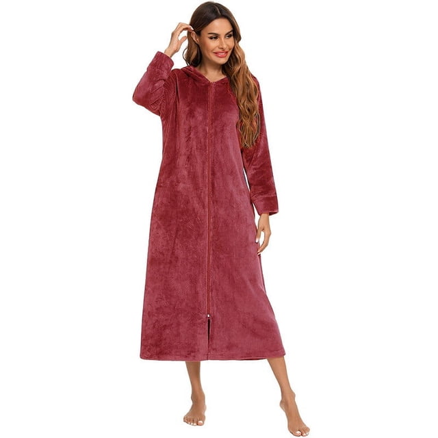 AherBiu Robes for Women Zipper Front Lightweight Sherpa Soft Bathrobe Plush Warm Winter Robe with Hood