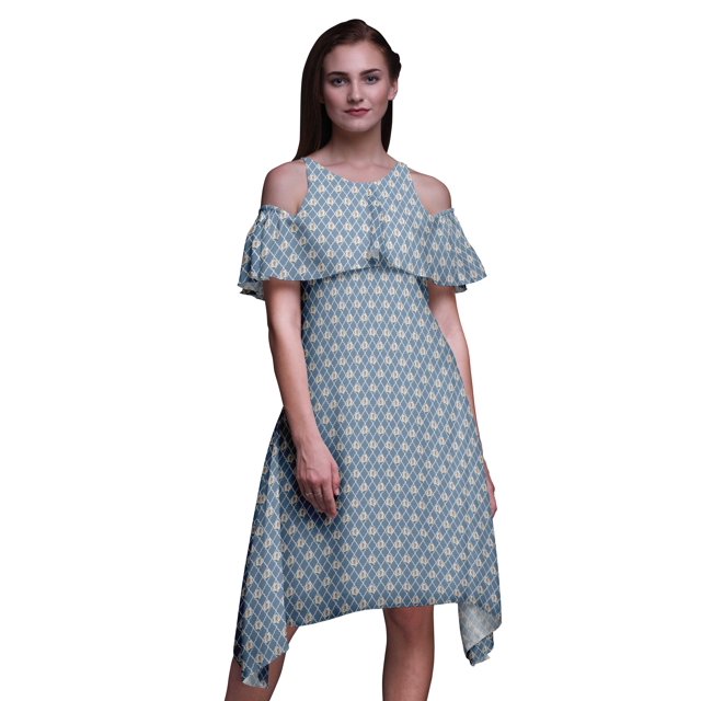 Bimba Tunique à Épaules Dénudées Imprimée Florale Bleue pour Femmes Robe de Soirée Col Rond - Large