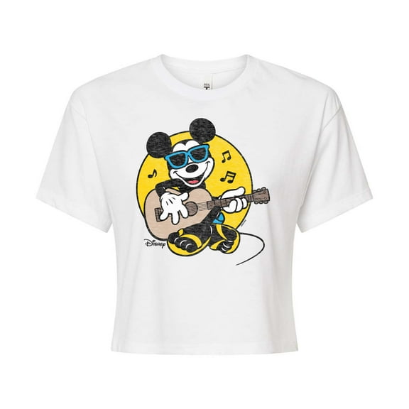 Disney - Mickey & Friends - Mickey Singing & Playing the Guitar - Flipflops & Sunglasses - Juniors Cropped Cotton Blend T-Shirt