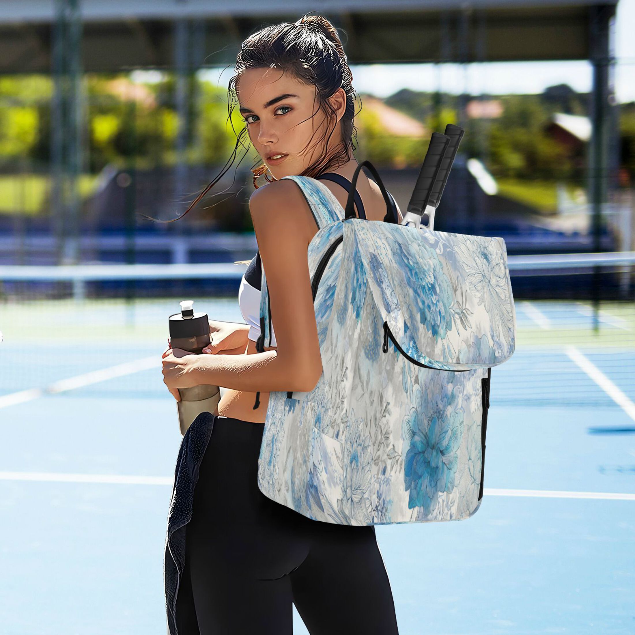 2 Racquet Holder Tennis Backpack Tennis Racket Covers Gym Bags Bright Blue Blooming Peonies