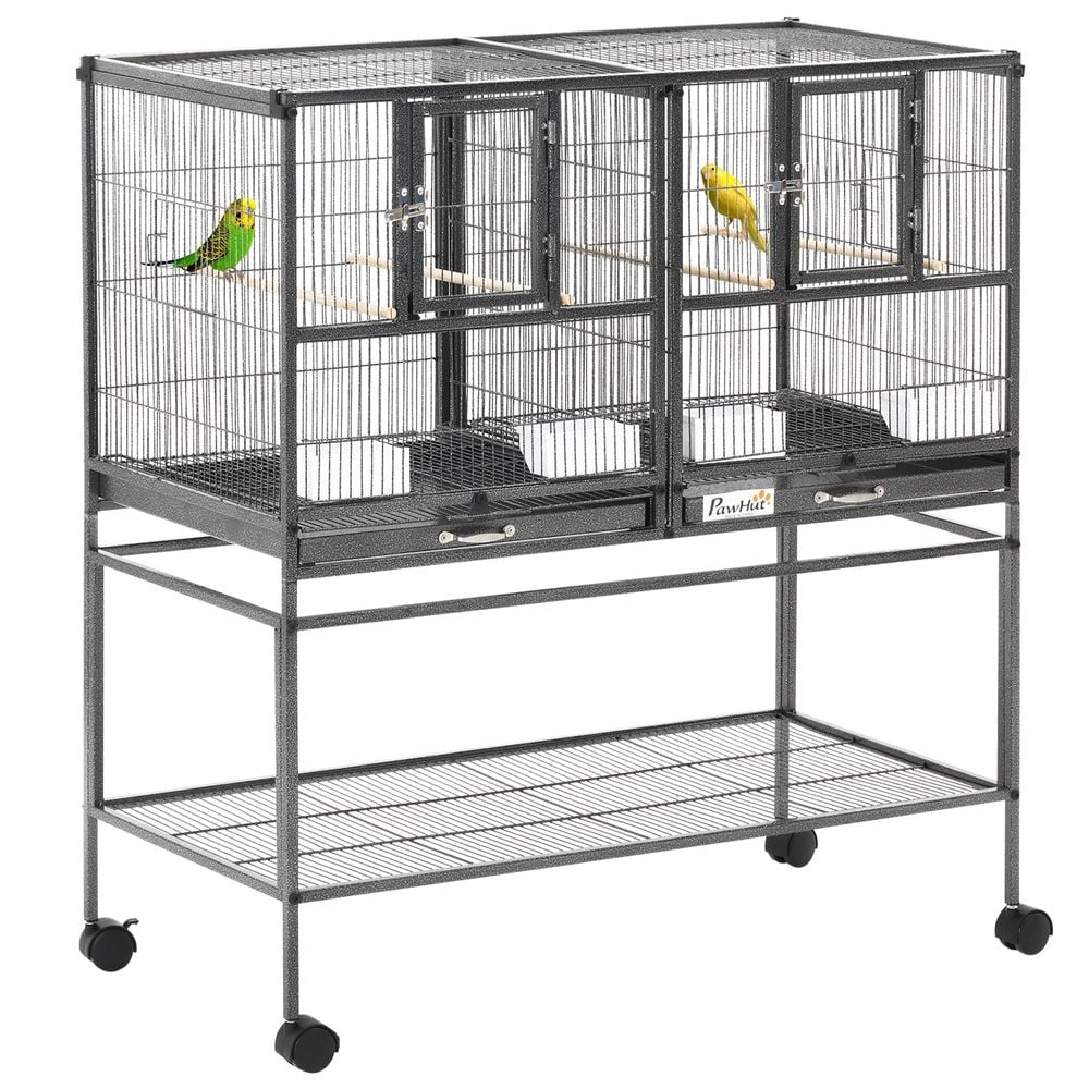 Double Rolling Metal Bird Cage Large 40.25" H with Storage Shelf Wood Perch Food Container Wheels Black Gray